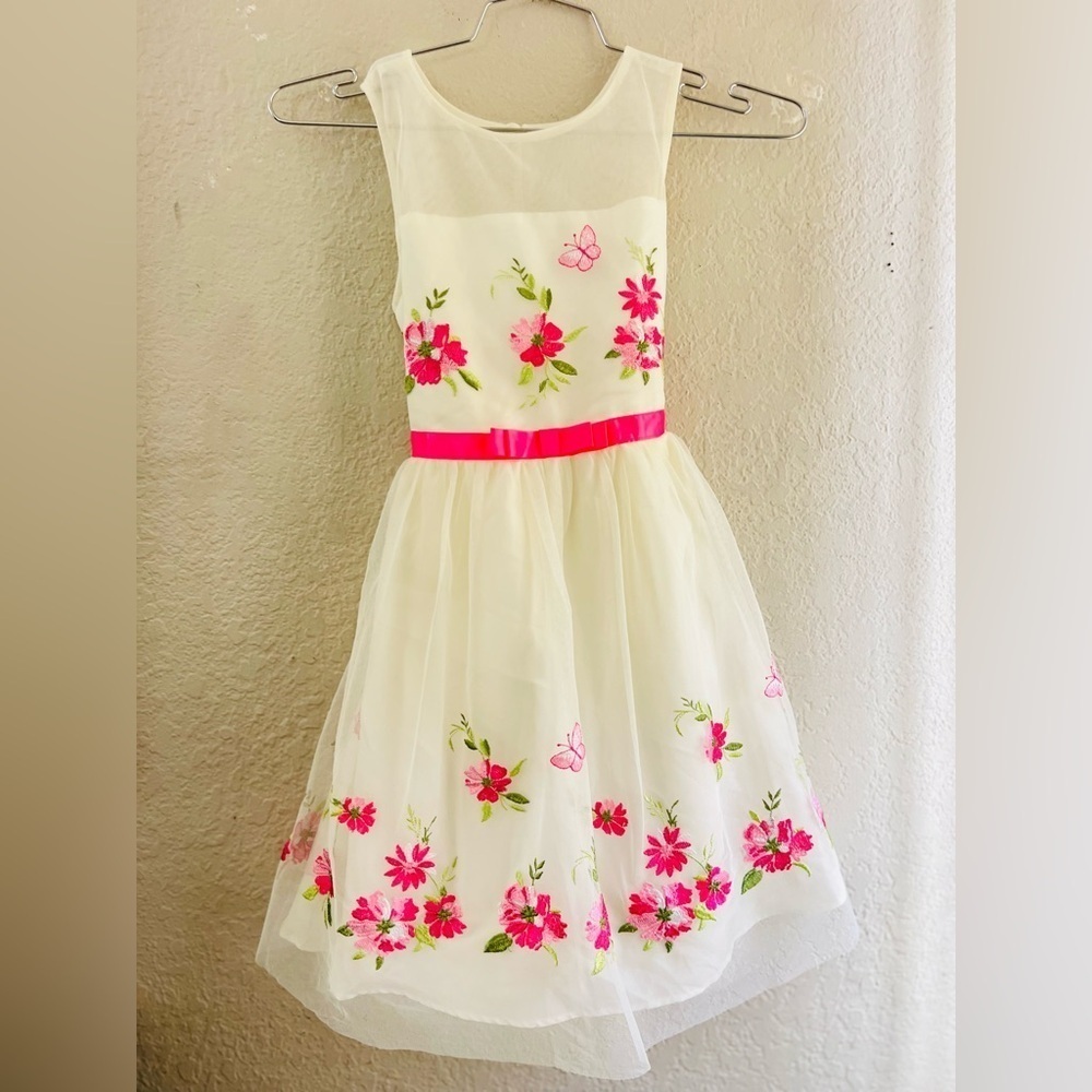 Jona Michelle Girls Embroidered Floral Dress 10 White Tulle Sleeveless Formal